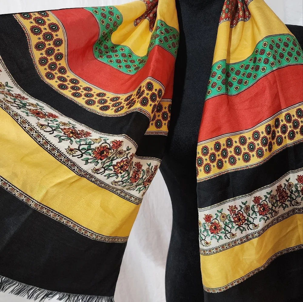 Vintage Silk Blend Long Scarf Colorful Boho Ethnic Print Black Yellow Red